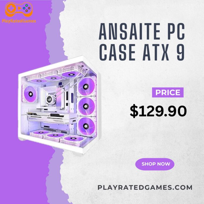 White ANSAITE W9 mid-tower gaming PC case with 9 pre-installed ARGB fans and tempered glass panels.
