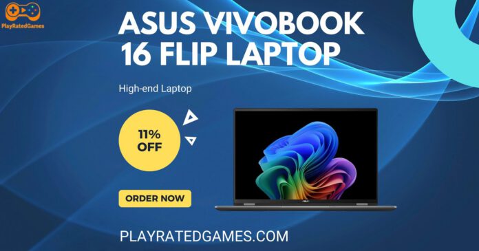 ASUS Vivobook 16 Flip Laptop in Matte Gray with 16-inch OLED touchscreen open in tent mode