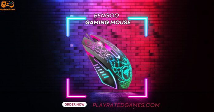 Black ergonomic BENGOO wireless gaming mouse with RGB lights and six buttons.
