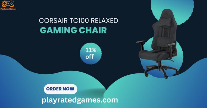 Corsair TC100 Relaxed Gaming Chair in gray and black fabric with lumbar and neck pillows