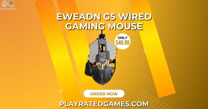 EWEADN G5 RGB Wired Gaming Mouse – 12800 DPI, Rapid Fire, Ergonomic Grip EWEADN G5 Wired Gaming Mouse in Black and Gold with ergonomic design, RGB lighting, and 9 programmable buttons.
