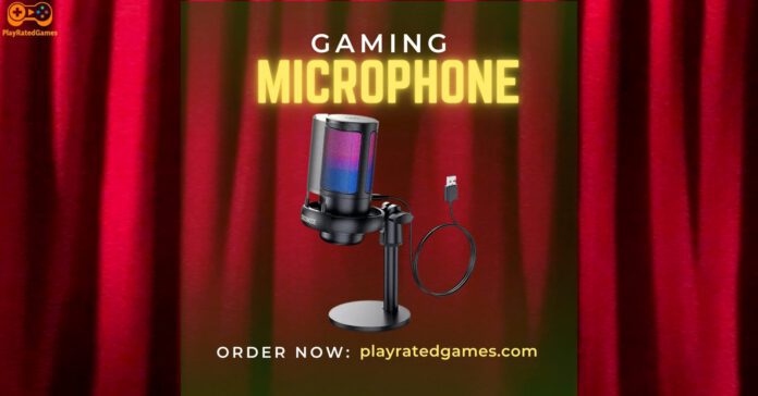 USB condenser microphone with RGB lighting on a tripod stand, pop filter, and shock mount setup for gaming or streaming.