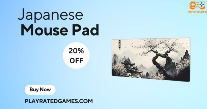 Extended black mouse pad with Japanese Kanagawa wave design and stitched edges on a desk setup