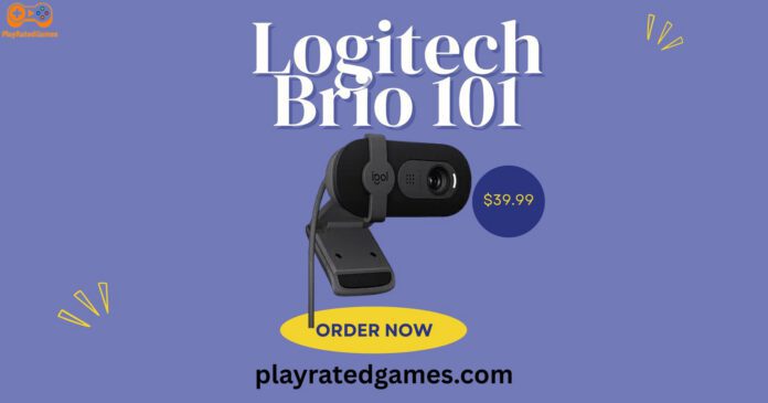 Logitech Brio 101 Full HD 1080p Webcam with Built-in Mic and Privacy Shutter Logitech Brio 101 black webcam mounted on a desktop monitor, showing built-in mic and privacy shutter.