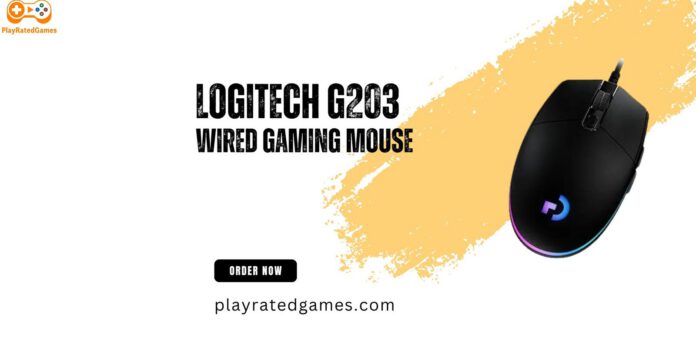 Logitech G203 wired gaming mouse in black with RGB lighting and six programmable buttons