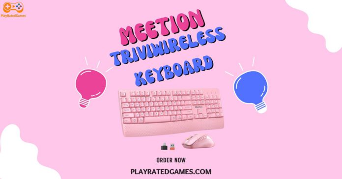 Pink MEETION wireless keyboard and mouse combo with wrist rest and ergonomic design