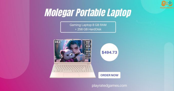 Silver Molegar 2025 14-inch portable laptop with full HD display and numeric keypad, shown open on a desk