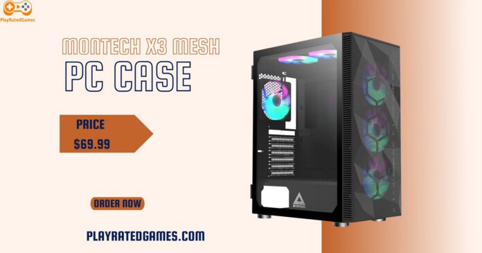 Montech X3 Mesh Black Gaming PC Case with High Airflow and Tempered Glass Montech X3 Mesh Black ATX mid-tower gaming PC case with six fixed RGB fans and tempered glass side panel