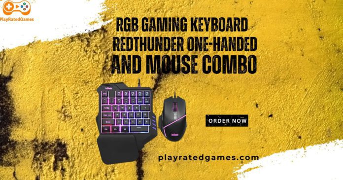 RedThunder One-Handed RGB Gaming Keyboard and Mouse Combo with RGB backlit keys and ergonomic mouse on a black background