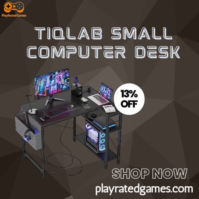 Modern black L-shaped desk with power outlets and shelves, ideal for home offices or gaming setups
