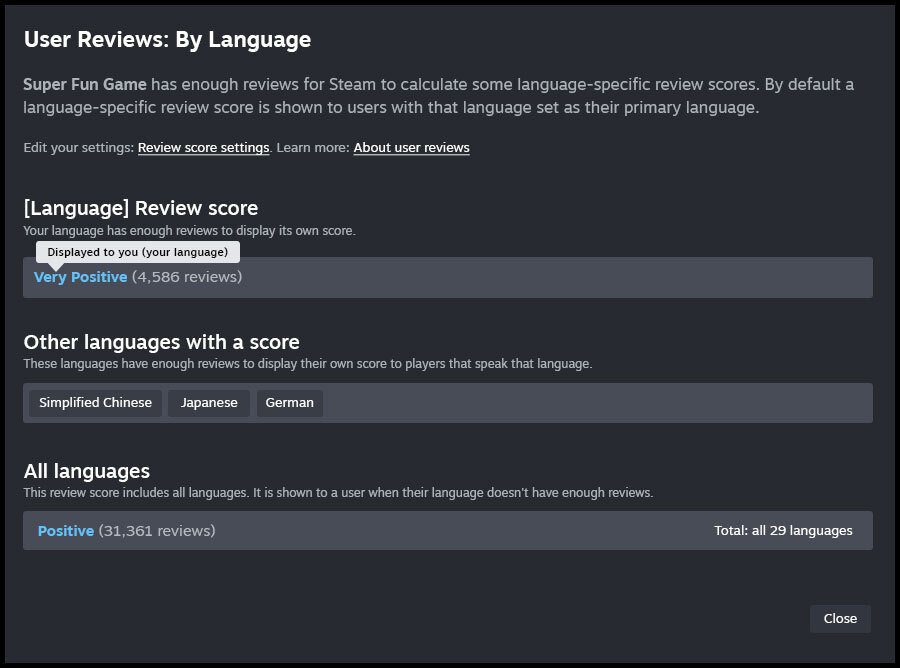 Steam language reviews